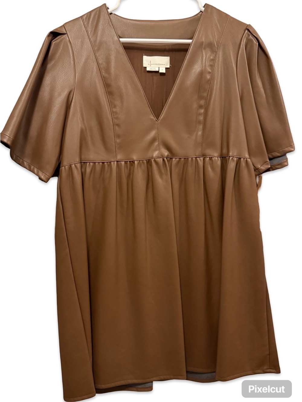 Anthropologie Brown Vegan Leather V-Neck Short Sleeve Dress